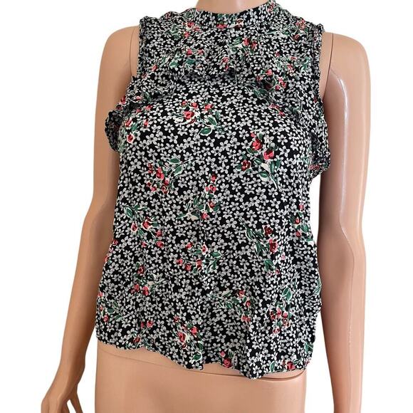 Zara blouse black ditsy floral print ruffle collar lightweight top SZ SM Zara - Picture 2 of 7